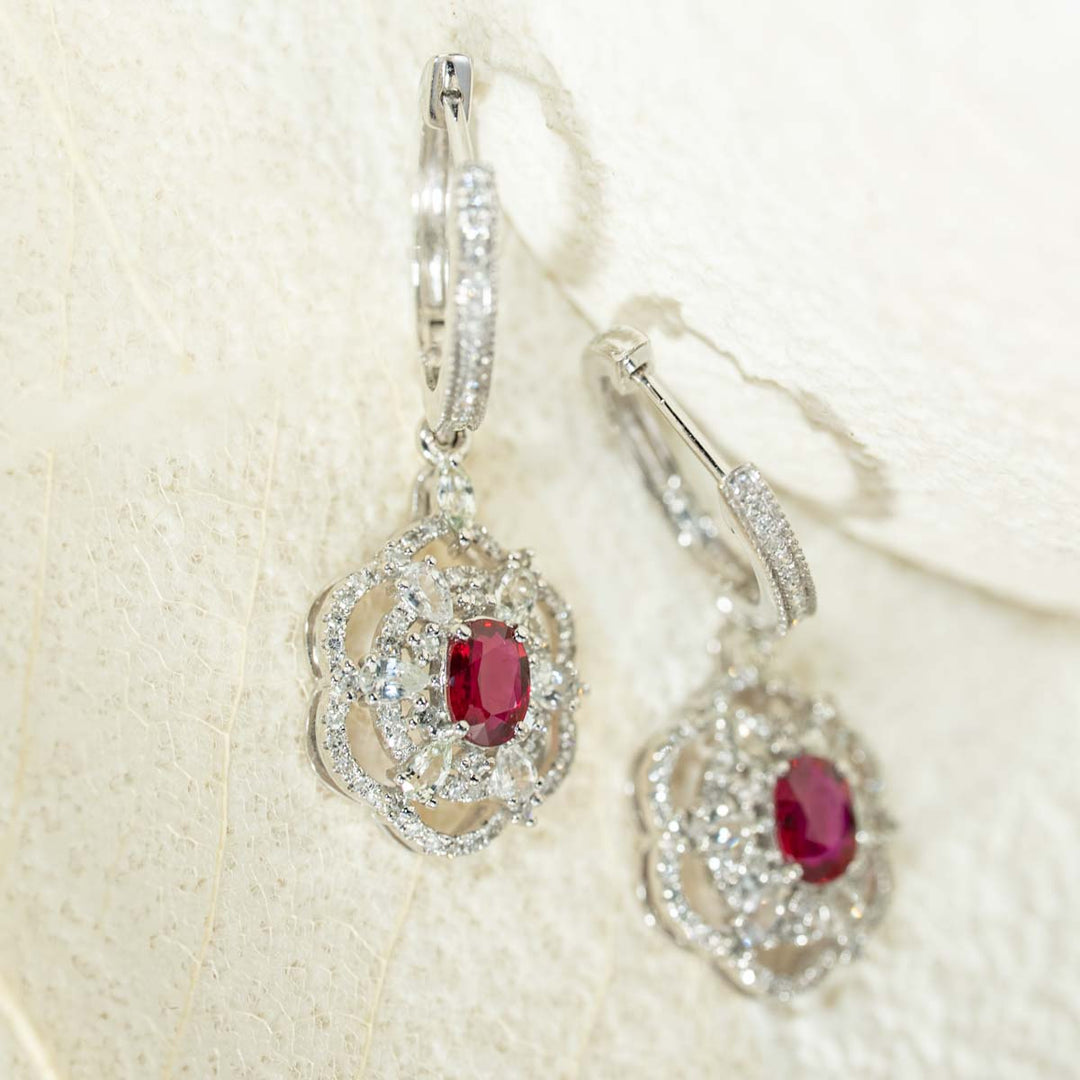 Natural Ruby Diamond Earrings D1.1CT, d0.192CT No Heat 18K