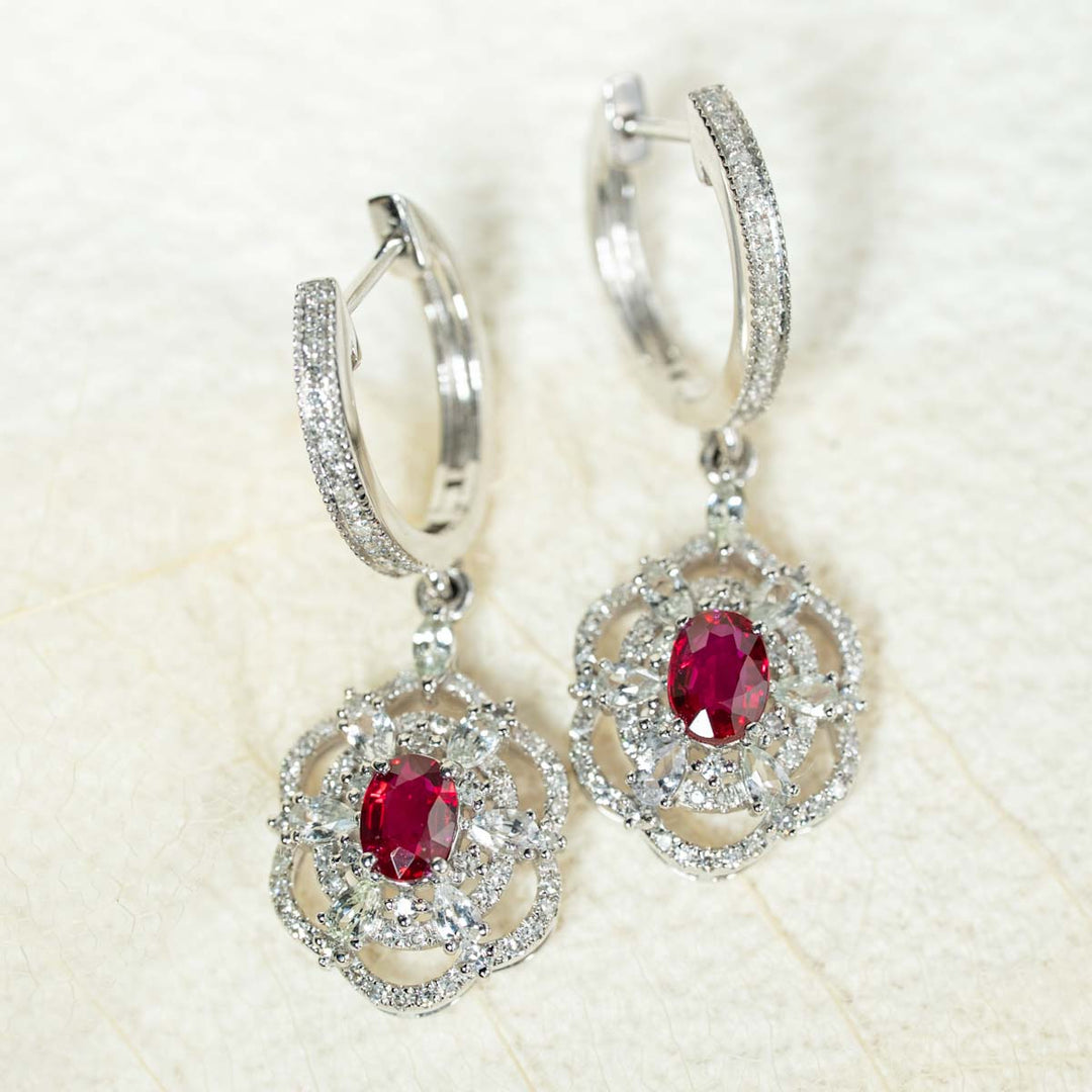 Natural Ruby Diamond Earrings D1.1CT, d0.192CT No Heat 18K