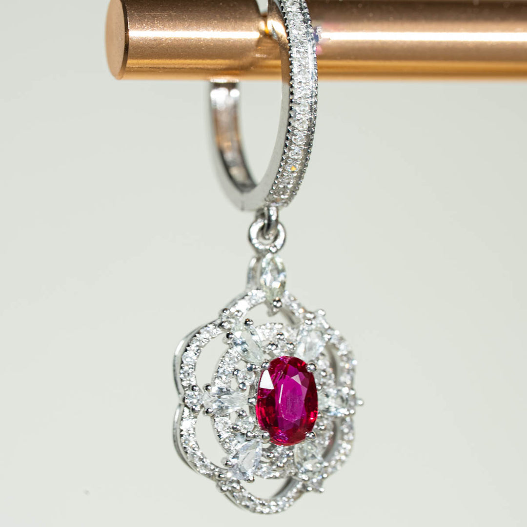 Natural Ruby Diamond Earrings D1.1CT, d0.192CT No Heat 18K