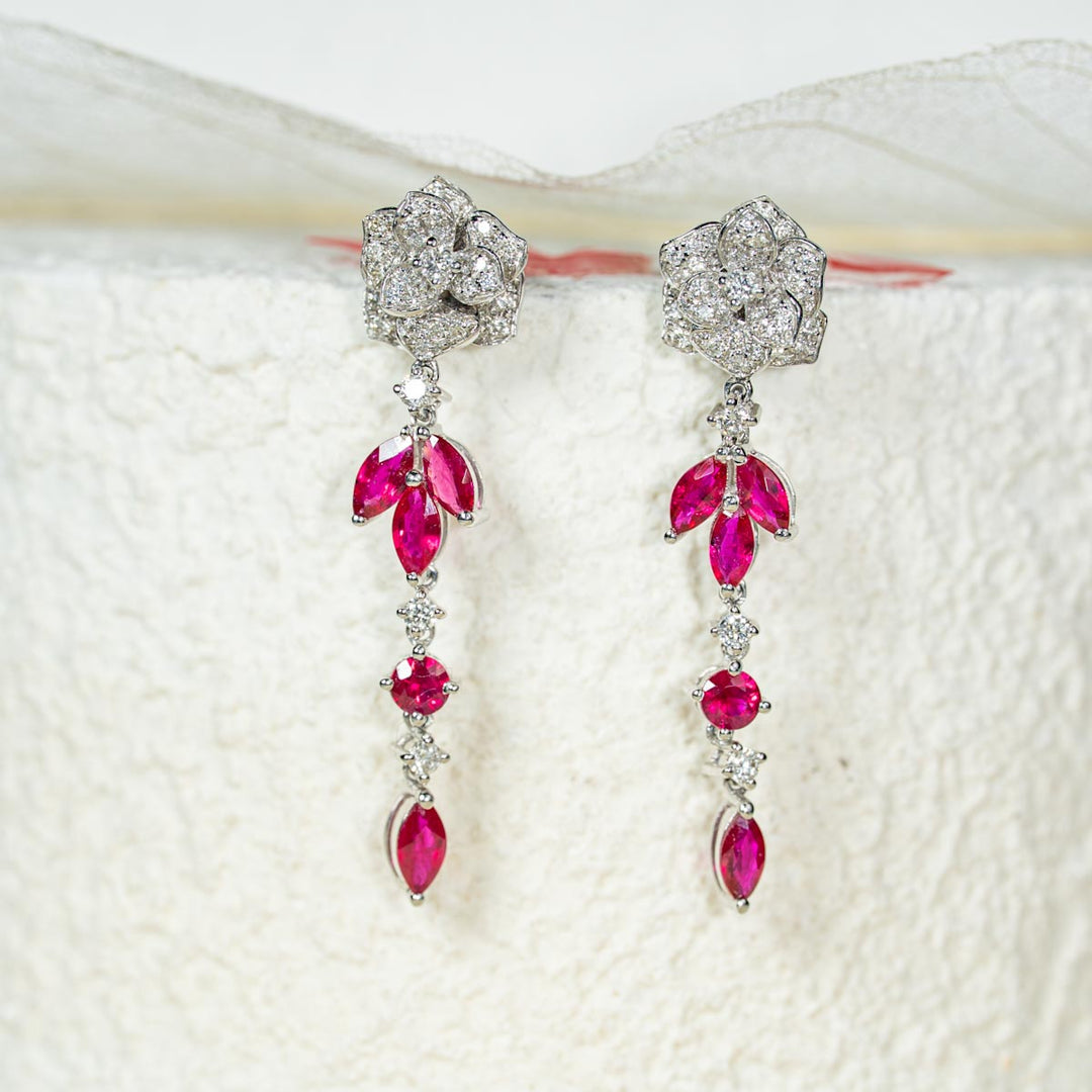 Natural Ruby Diamond Long Earrings D1.39CT, d0.56CT 18K