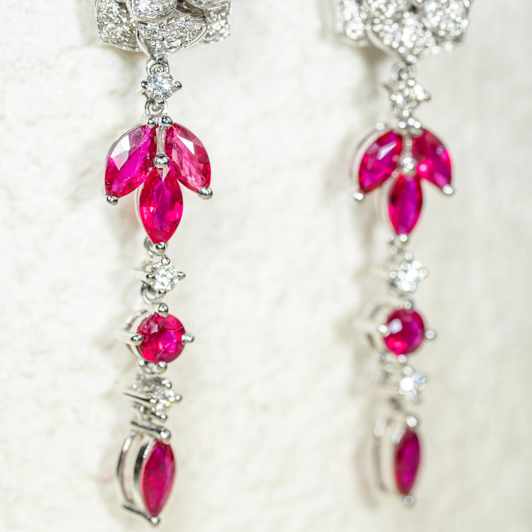Natural Ruby Diamond Long Earrings D1.39CT, d0.56CT 18K