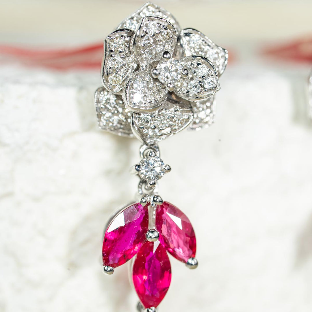 Natural Ruby Diamond Long Earrings D1.39CT, d0.56CT 18K