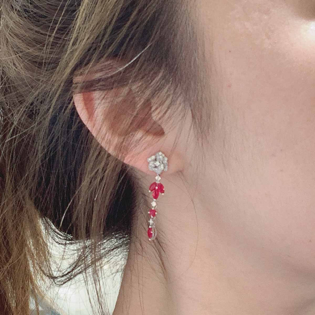 Natural Ruby Diamond Long Earrings D1.39CT, d0.56CT 18K