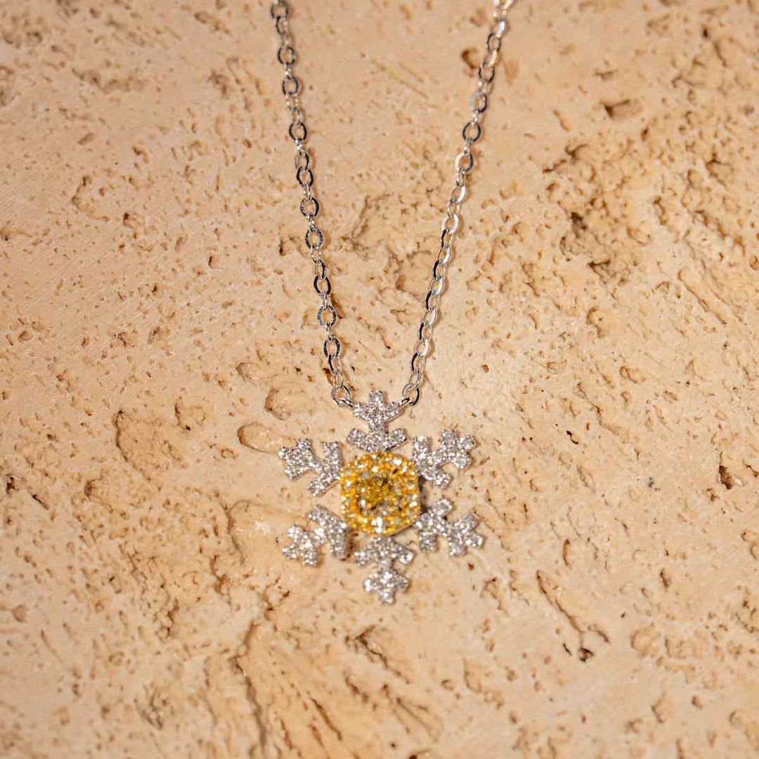 Natural Yellow Diamond Snowflake Necklace D0.3, d0.39ct 18K