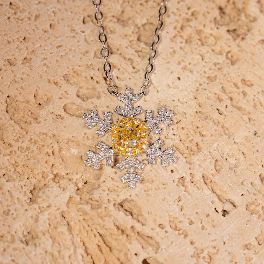 Natural Yellow Diamond Snowflake Necklace D0.3, d0.39ct 18K