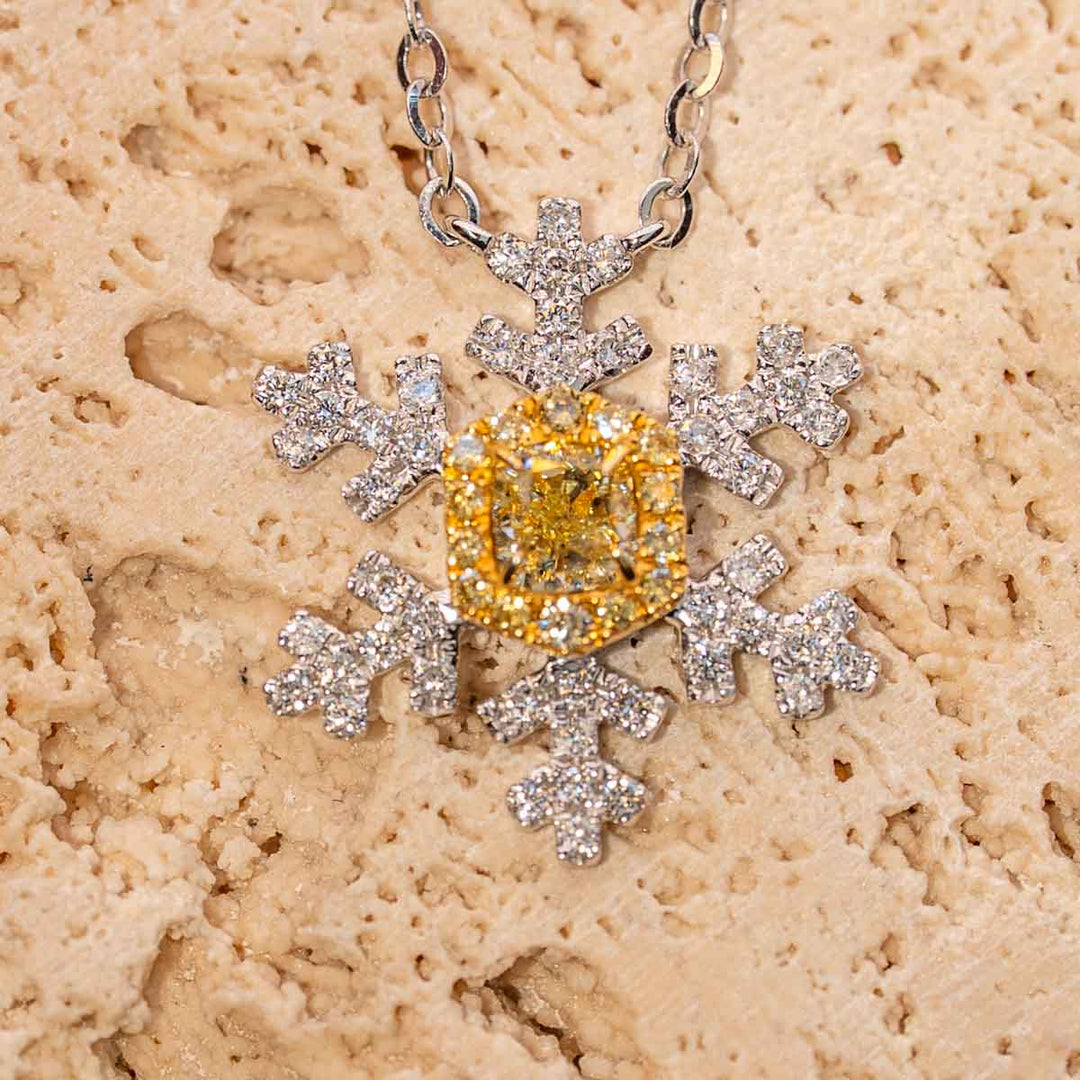 Natural Yellow Diamond Snowflake Necklace D0.3, d0.39ct 18K