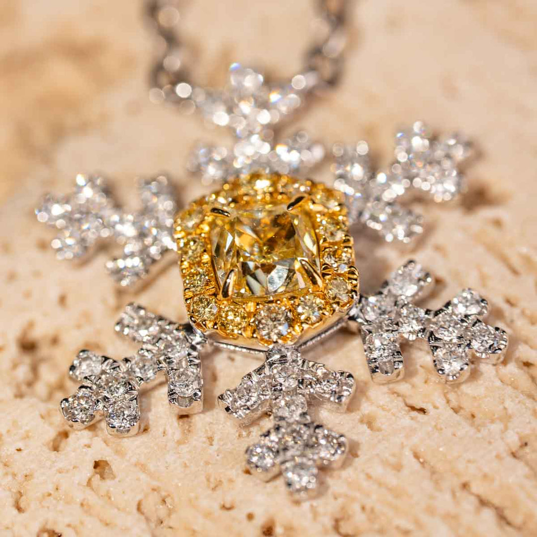 Natural Yellow Diamond Snowflake Necklace D0.3, d0.39ct 18K