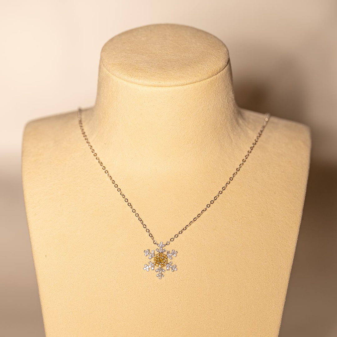 Natural Yellow Diamond Snowflake Necklace D0.3, d0.39ct 18K