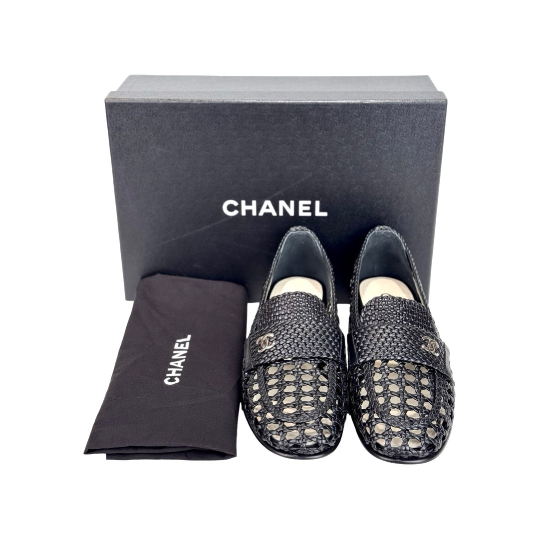 Chanel Shiny Braided Loafers Black #37.5
