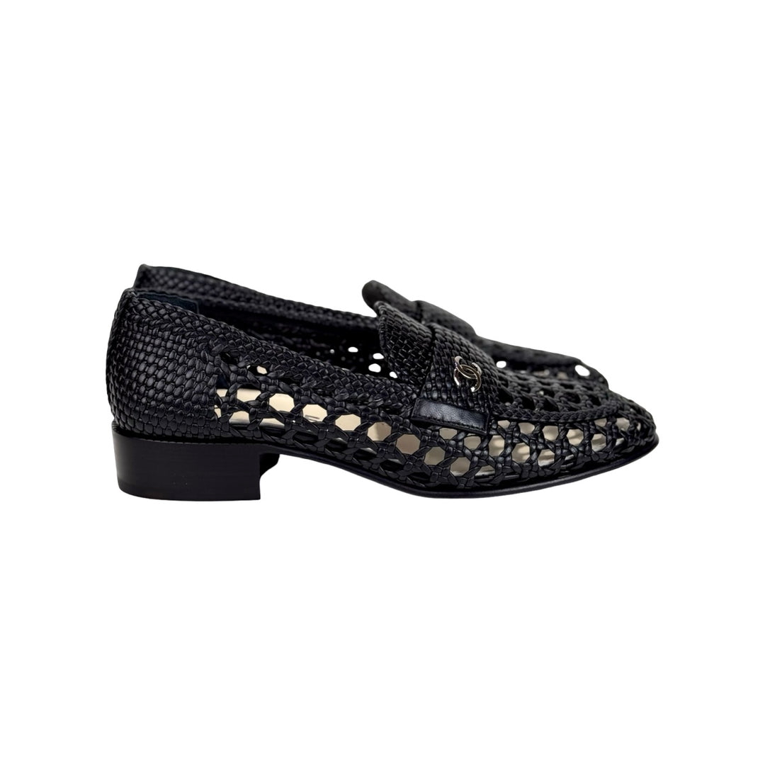 Chanel Shiny Braided Loafers Black #37.5