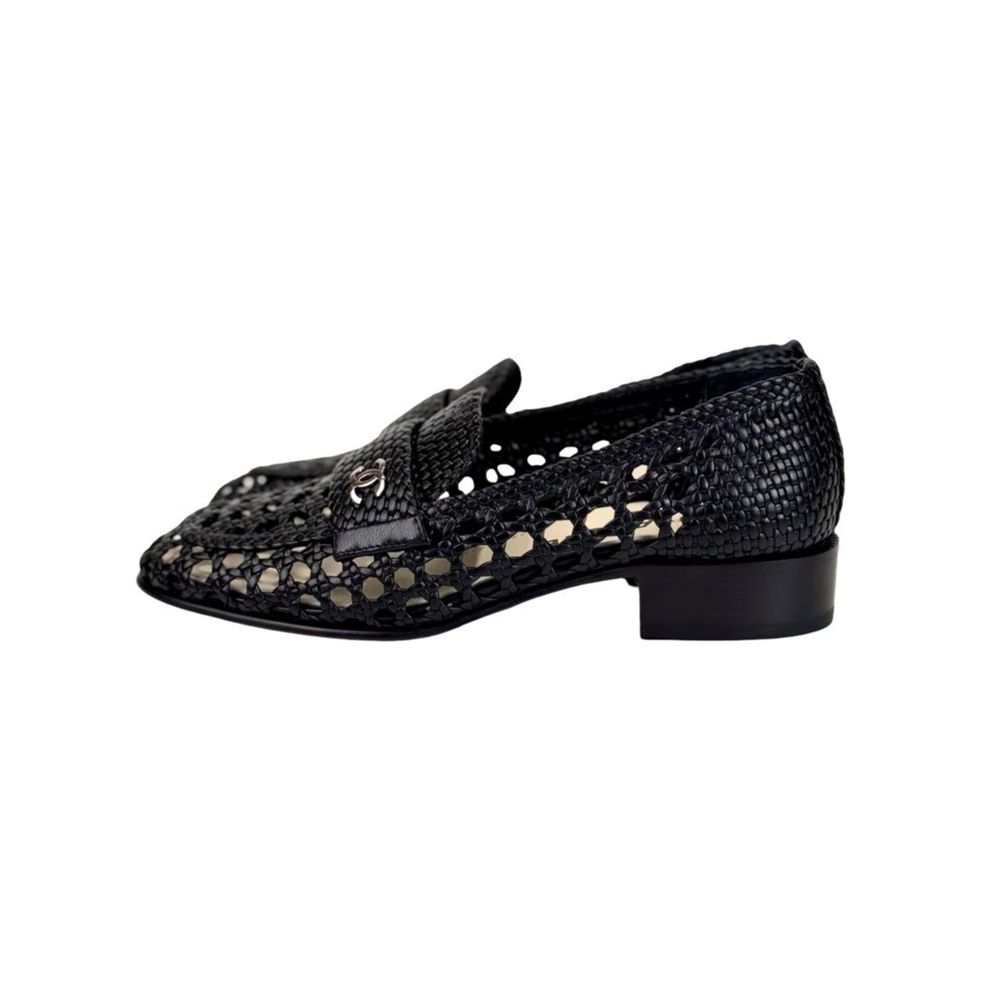 Chanel Shiny Braided Loafers Black #37.5