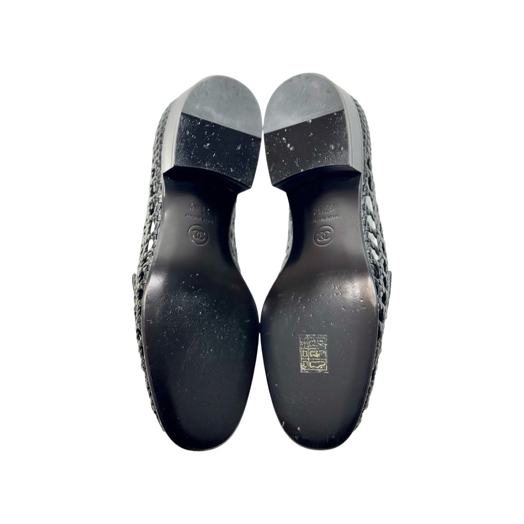 Chanel Shiny Braided Loafers Black #37.5