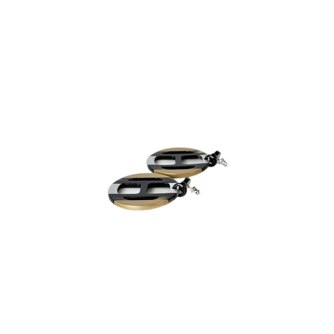 Hermes H Equipe Earring Black Gold Color Horn