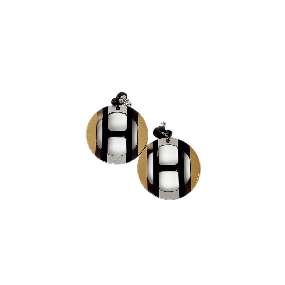 Hermes H Equipe Earring Black Gold Color Horn