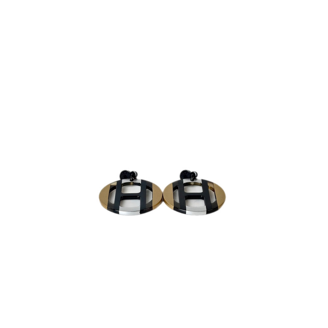 Hermes H Equipe Earring Black Gold Color Horn