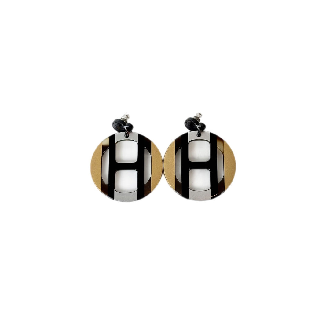 Hermes H Equipe Earring Black Gold Color Horn
