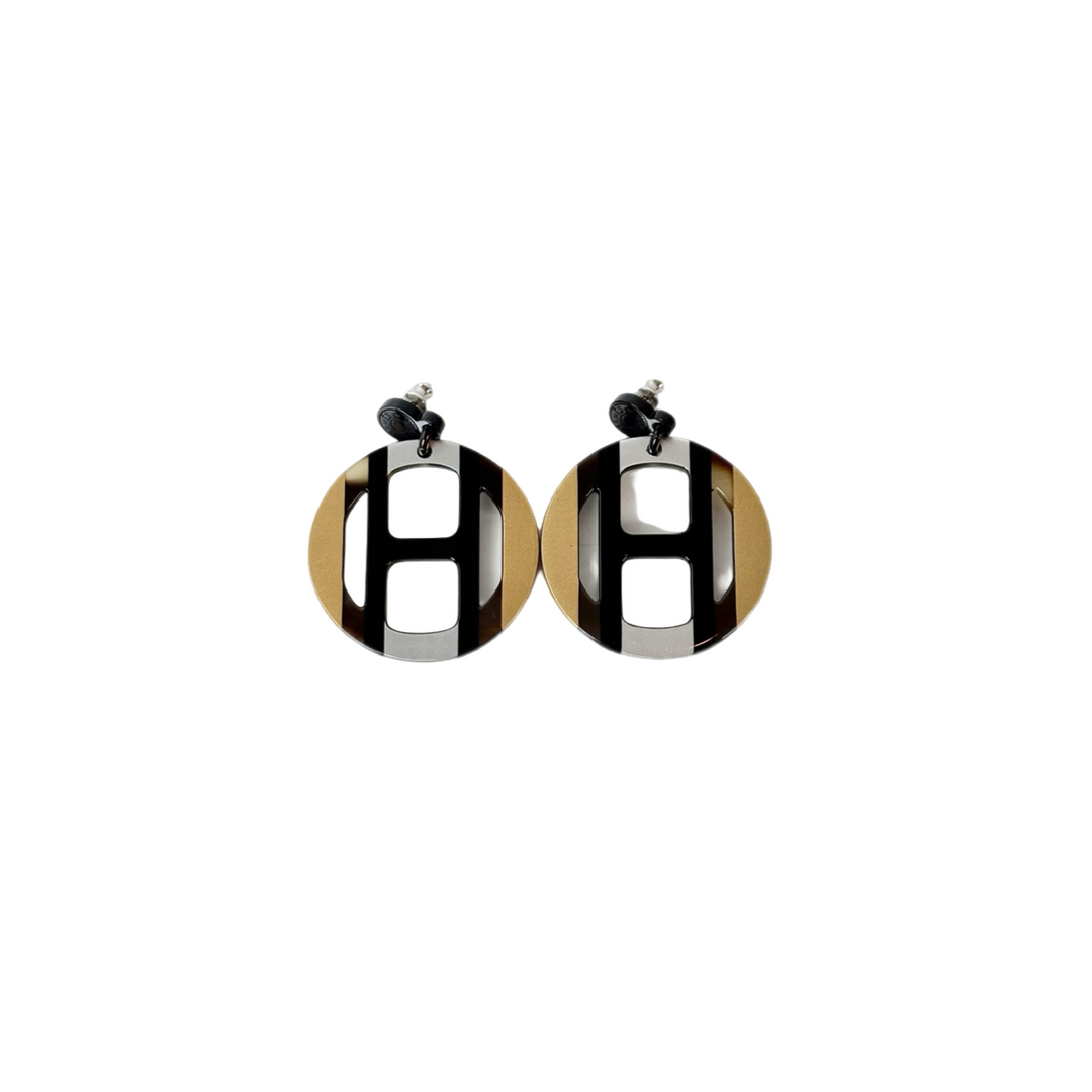 Hermes H Equipe Earring Black Gold Color Horn
