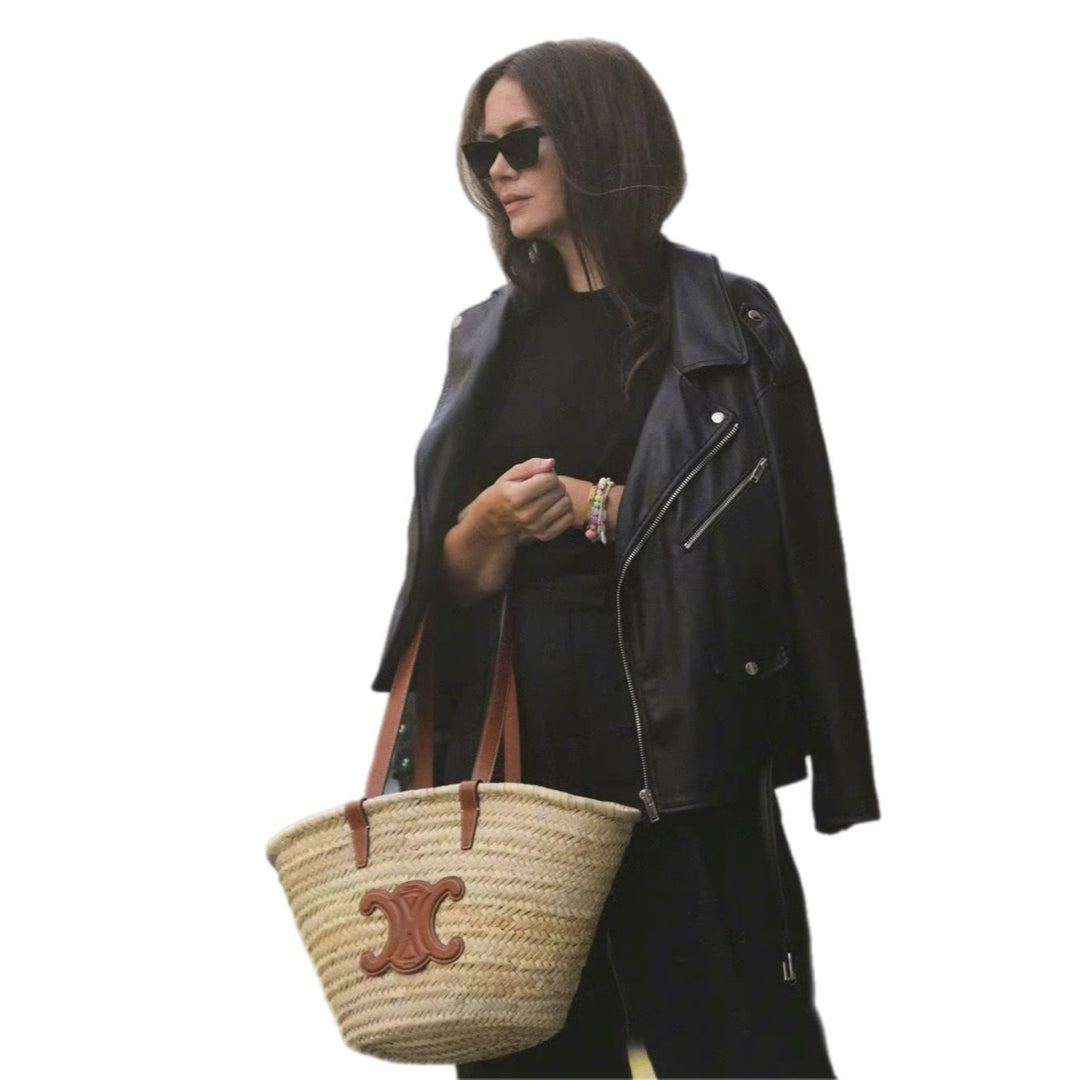 Celine Classic Panier In Palm Leaves And Calfskin