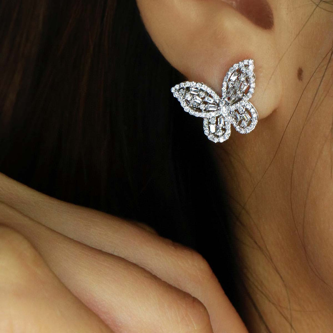 Natrual White Diamond Butterfly Earrings D0.88ct D-E color SI clarity, 18K Gold