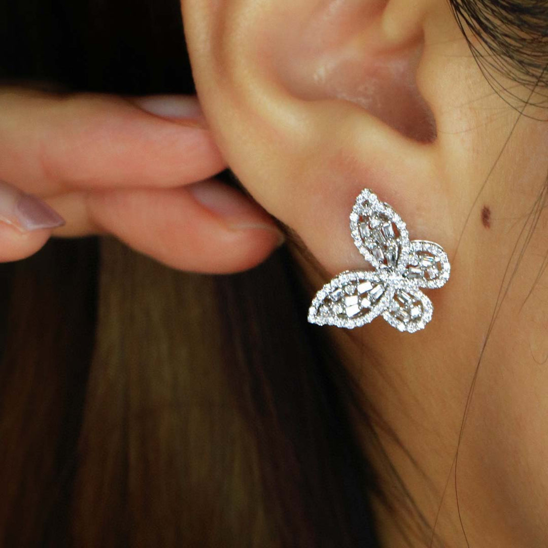 Natrual White Diamond Butterfly Earrings D0.88ct D-E color SI clarity, 18K Gold