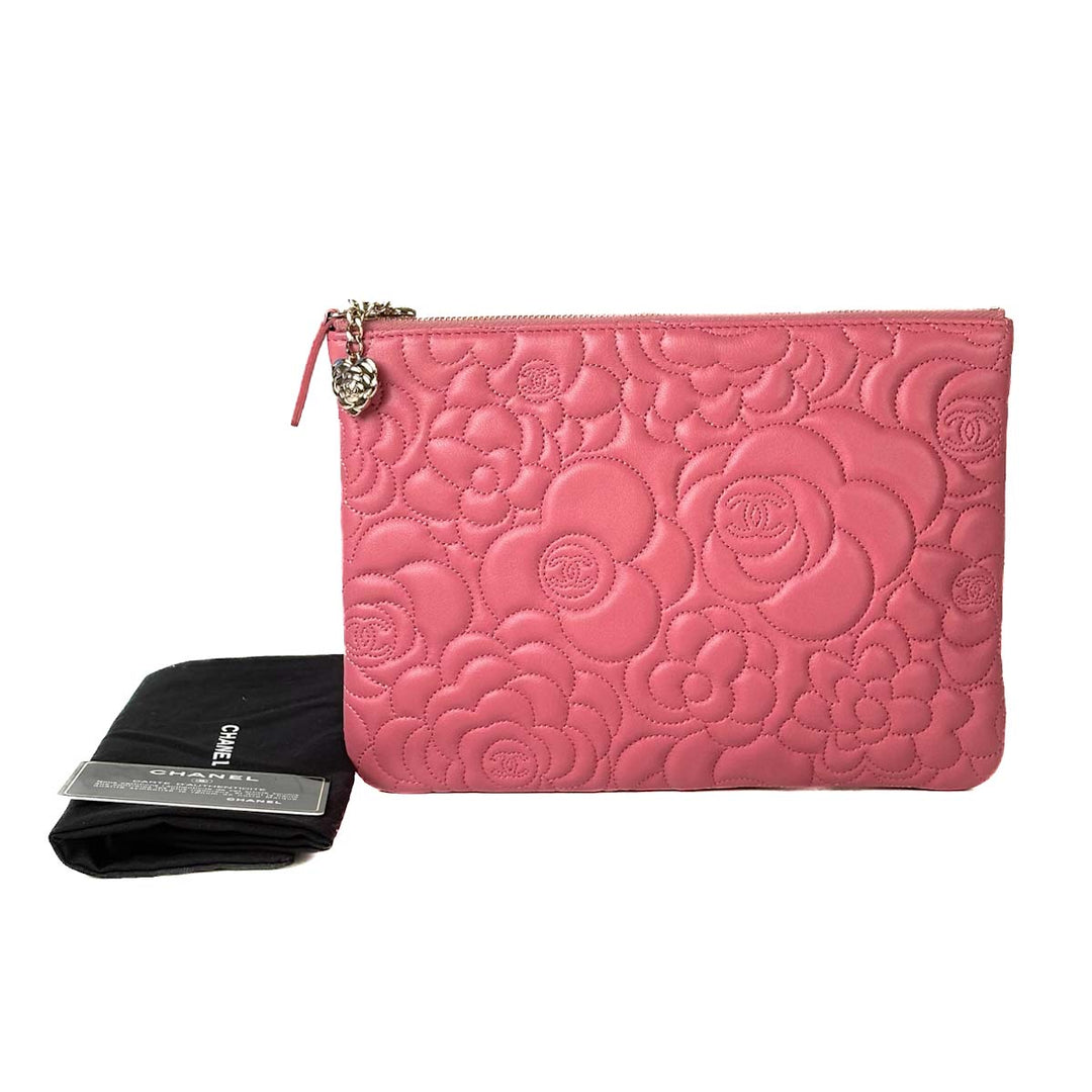 Chanel Embossed Camellia Pouch Bag Pink