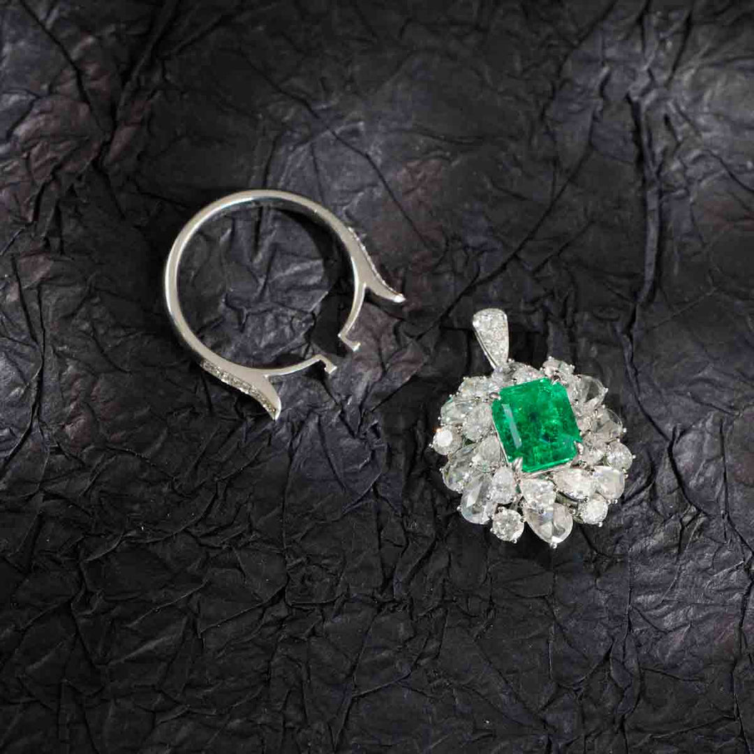 Columbia Emerald Diamond Ring D2.55ct d3.0ct. 18K White Gold