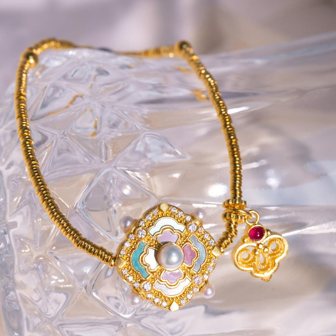 24k 999 Ruyi Bracelet with Monther of Pearl 13.96g,White Diamond 0.153ct