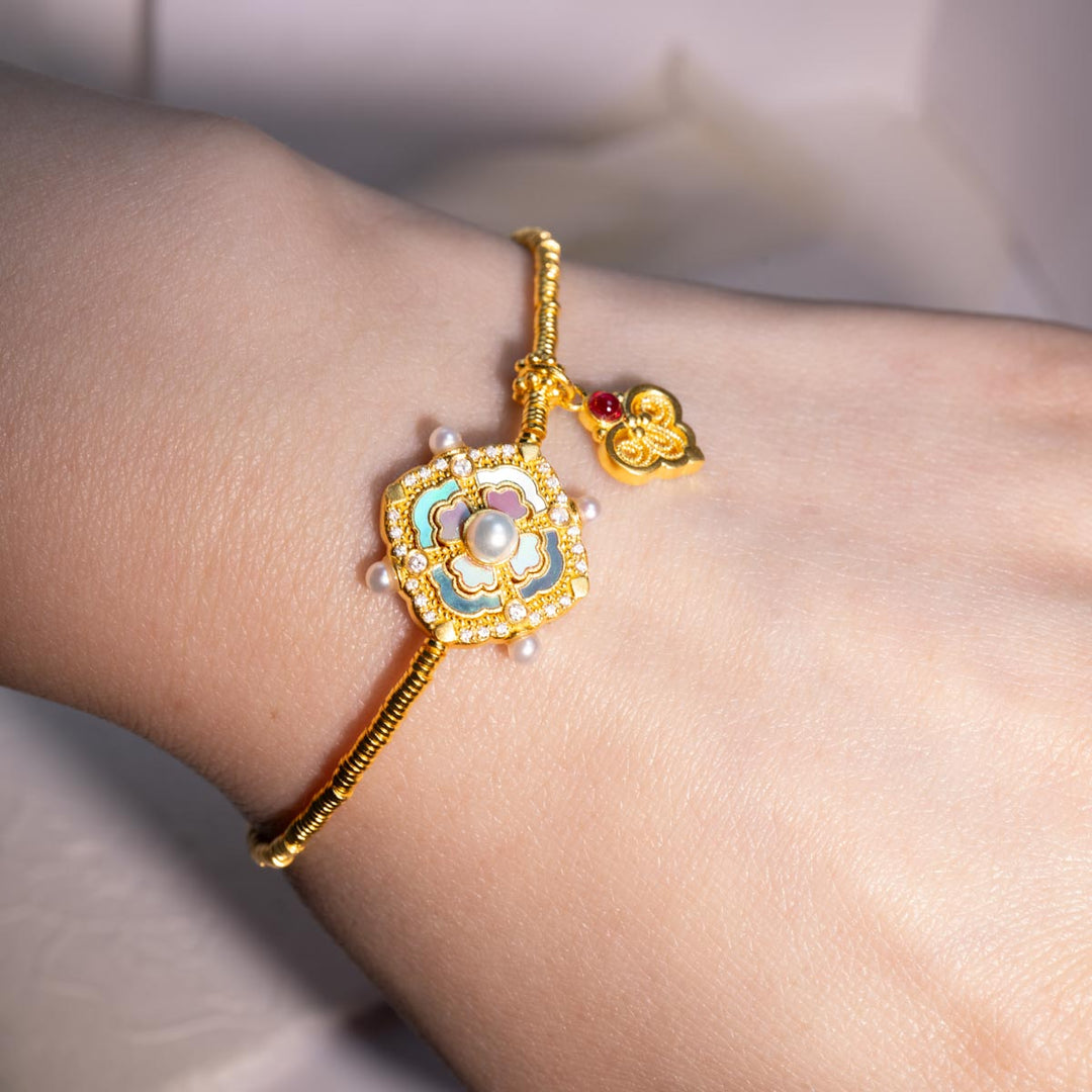 24k 999 Ruyi Bracelet with Monther of Pearl 13.96g,White Diamond 0.153ct