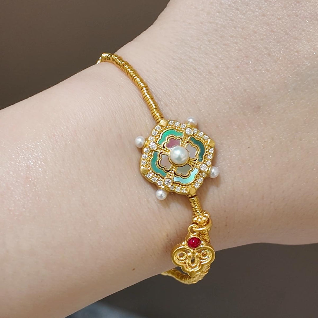 24k 999 Ruyi Bracelet with Monther of Pearl 13.96g,White Diamond 0.153ct