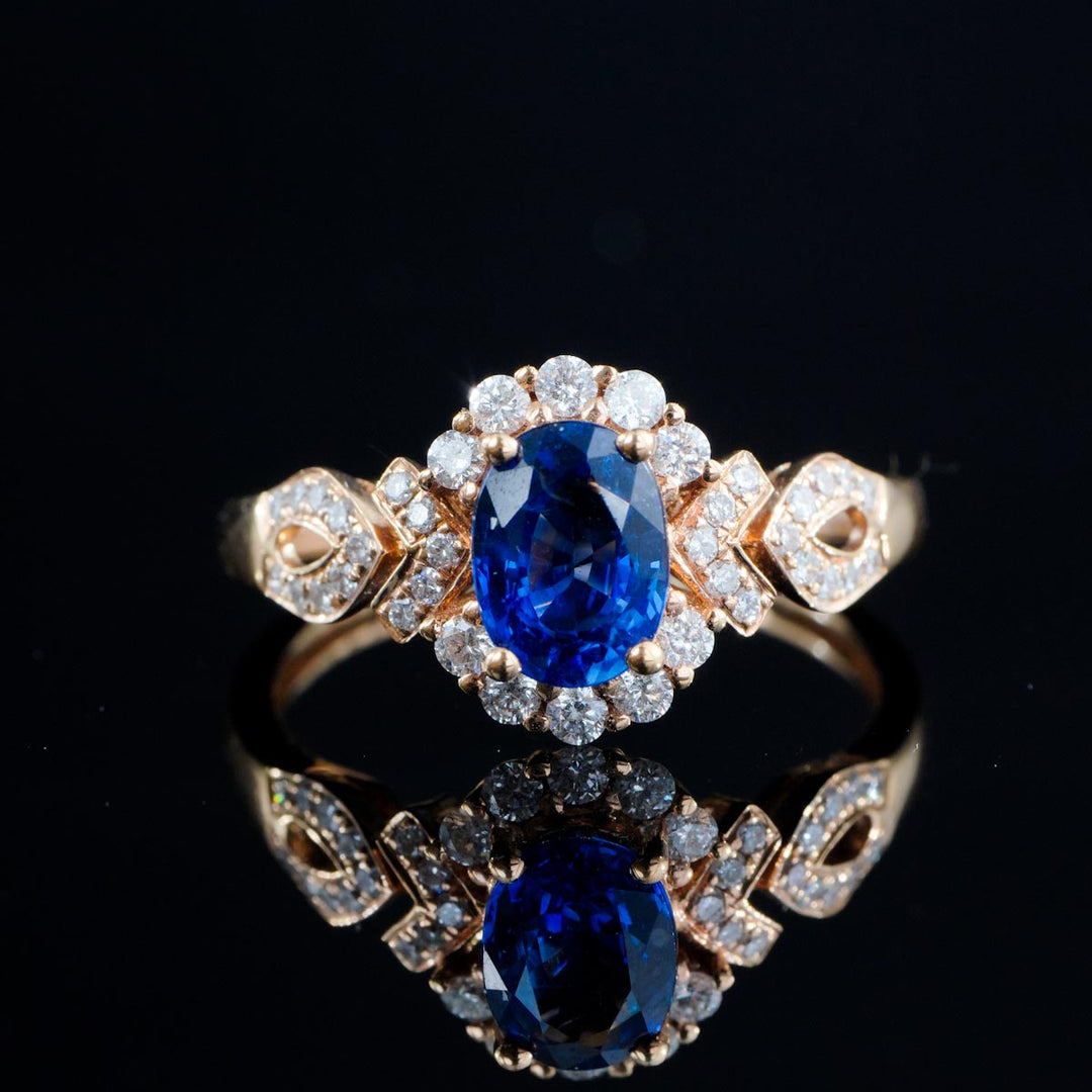 Natural Sapphire Stone Ring 1.08ct, Diamond 0.314ct 18K Gold