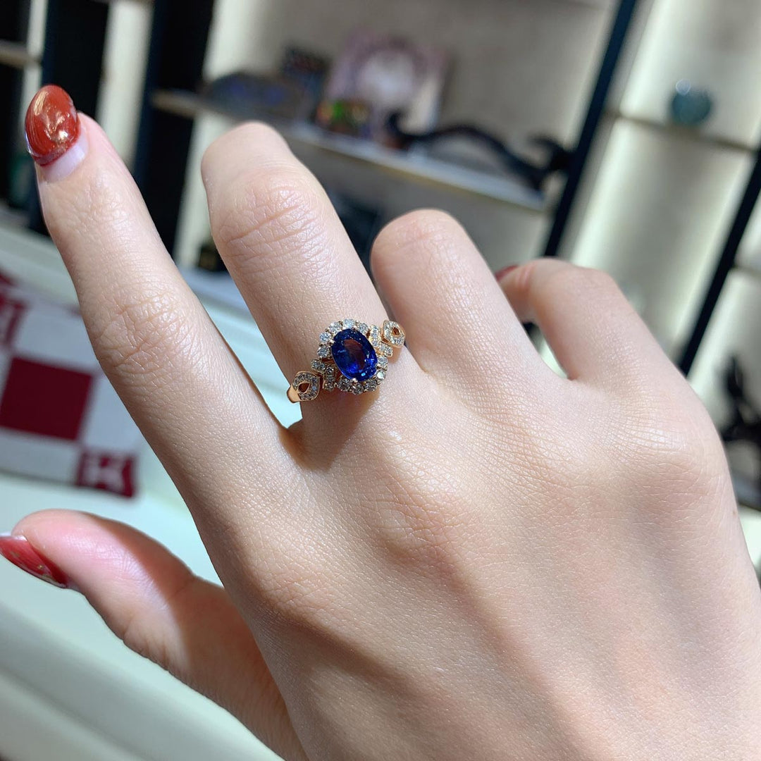 Natural Sapphire Stone Ring 1.08ct, Diamond 0.314ct 18K Gold
