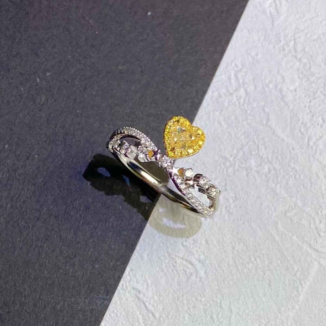 Natural Yellow Diamond Heart Ring D0.31ct d0.177ct, 18K