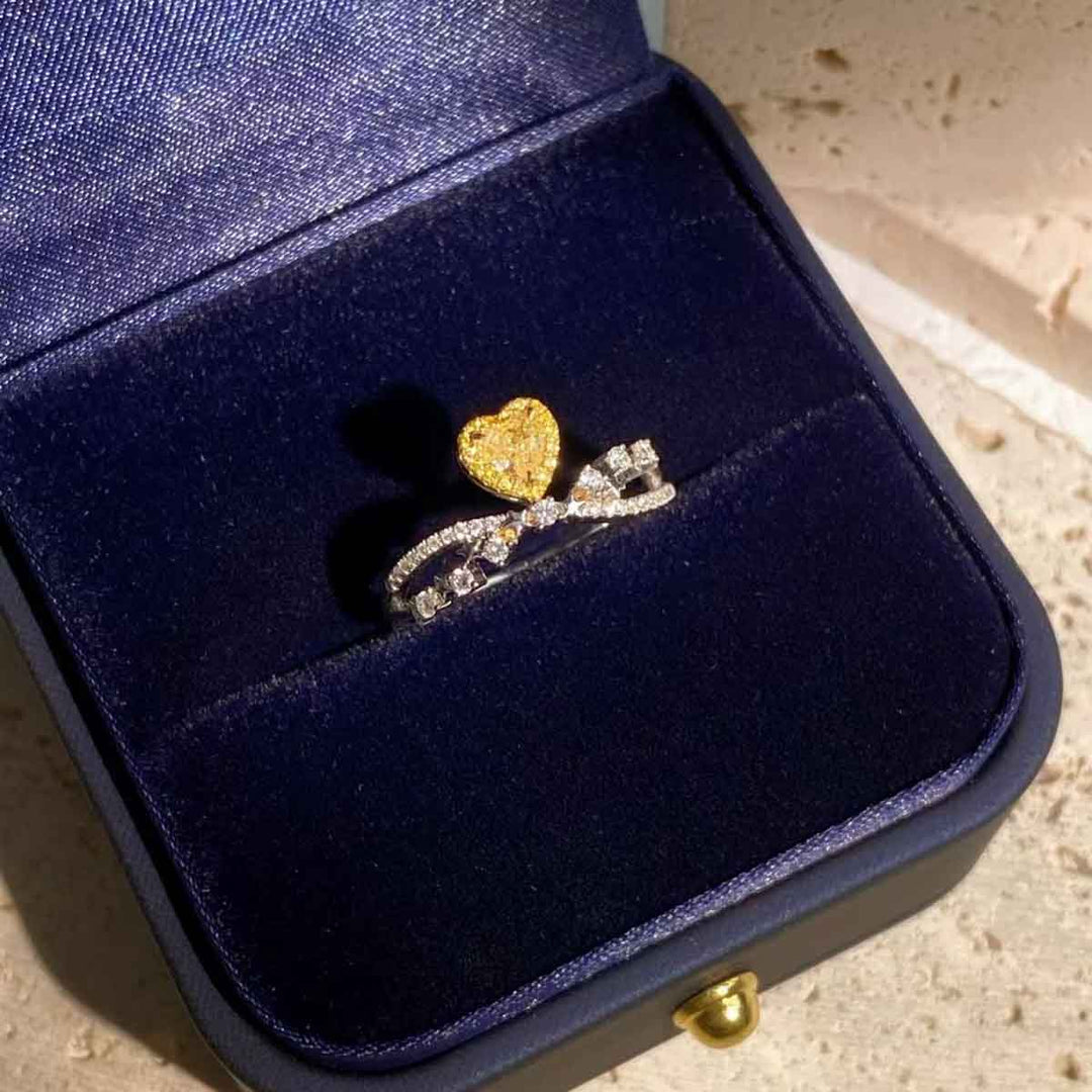 Natural Yellow Diamond Heart Ring D0.31ct d0.177ct, 18K