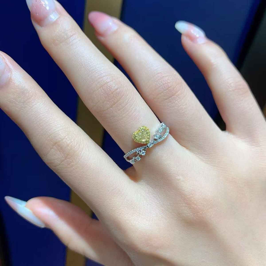 Natural Yellow Diamond Heart Ring D0.31ct d0.177ct, 18K