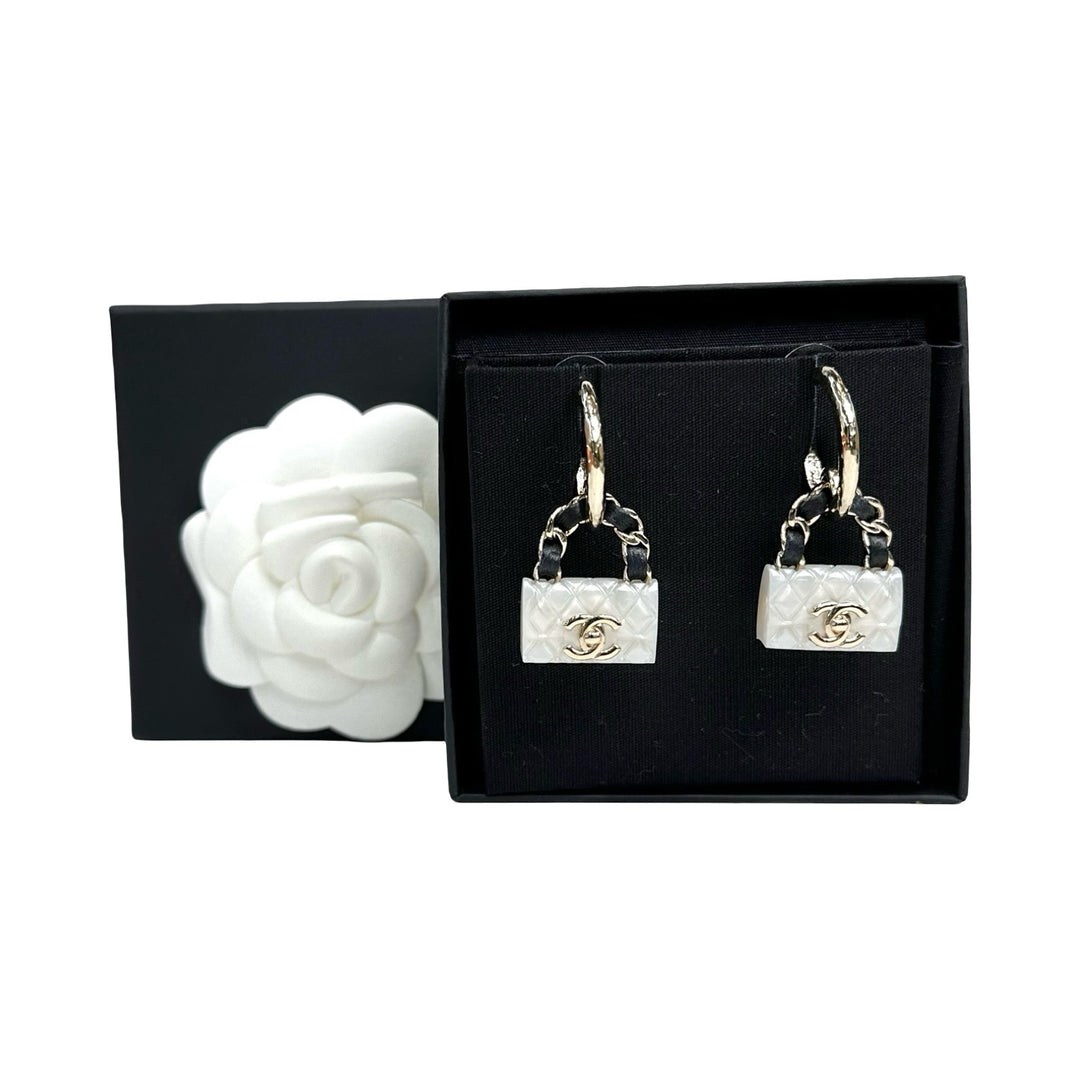 Chanel White Resin CF Bag Earrings