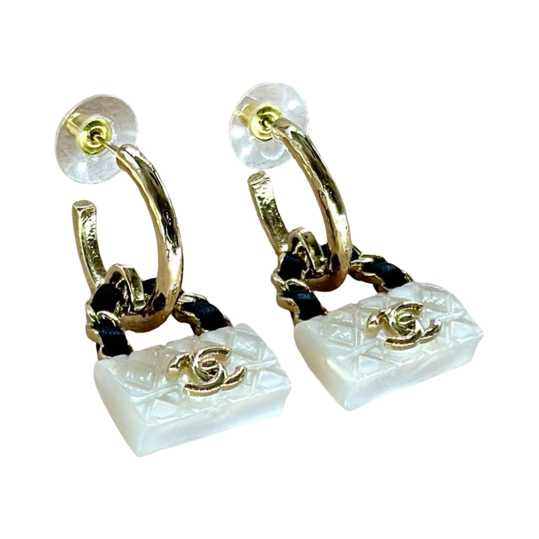 Chanel White Resin CF Bag Earrings