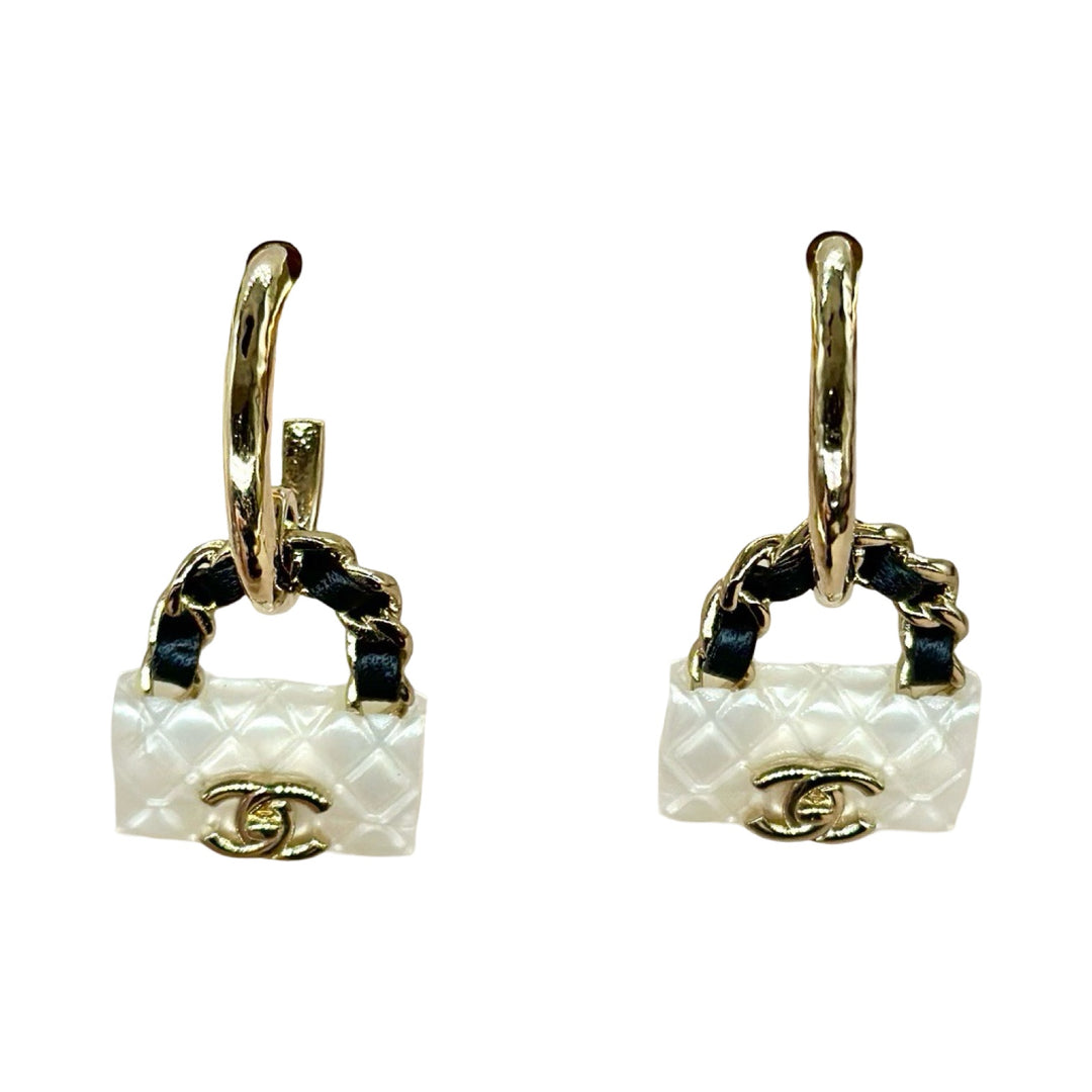 Chanel White Resin CF Bag Earrings