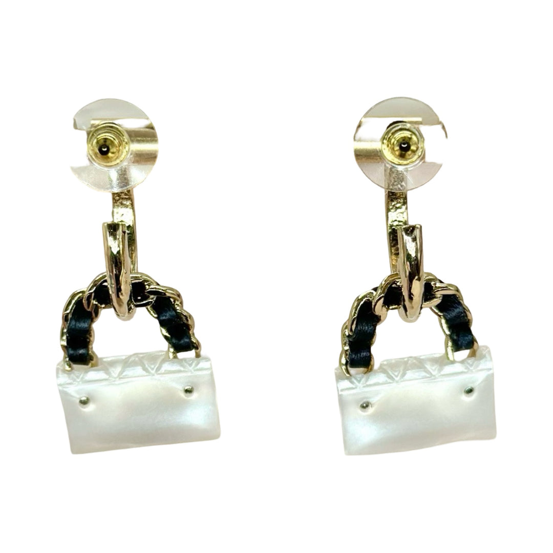 Chanel White Resin CF Bag Earrings