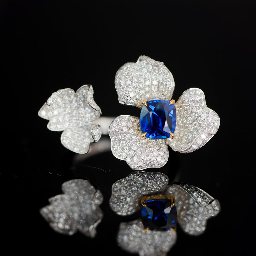 Natural Unheated Royal Blue Sapphire Stone Ring 1.57ct, Diamond 1.41ct 18K Gold