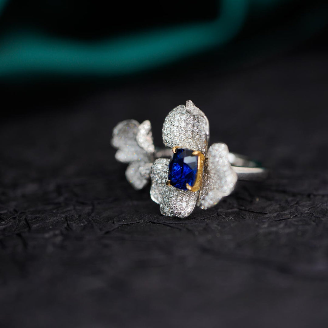 Natural Unheated Royal Blue Sapphire Stone Ring 1.57ct, Diamond 1.41ct 18K Gold