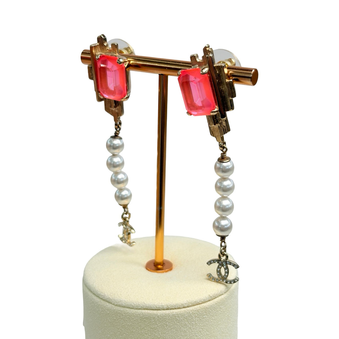 Chanel Pink Square with Pearl Long Earring