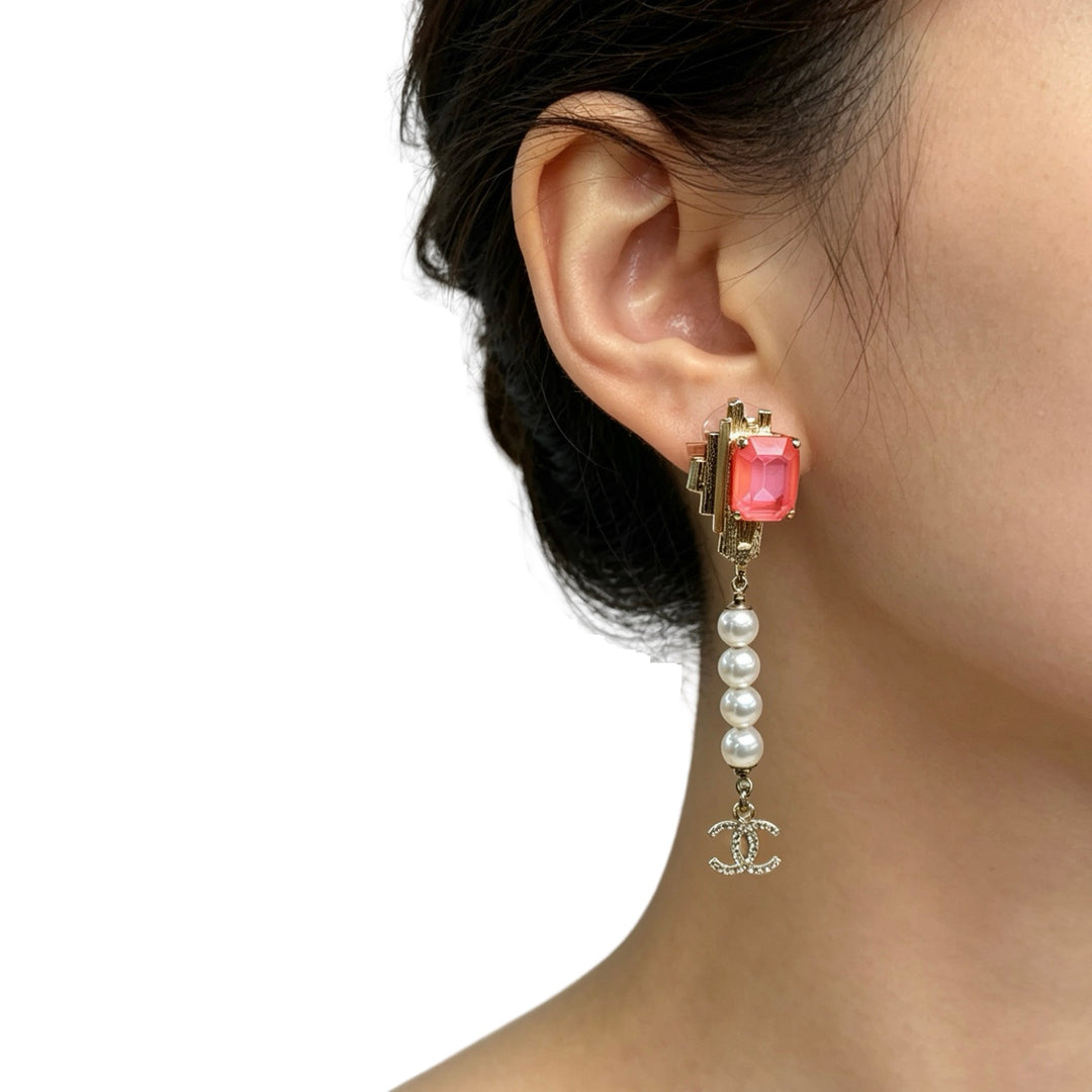Chanel Pink Square with Pearl Long Earring