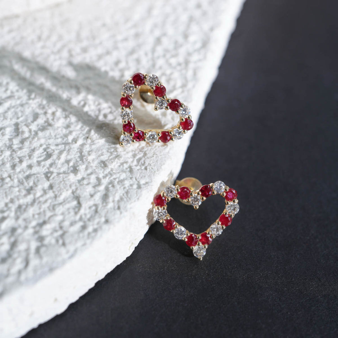 Mozambique Natural Pigeon Blood Ruby Stone Heart Earrings 0.68ct, Diamond 0.54ct 18K Gold