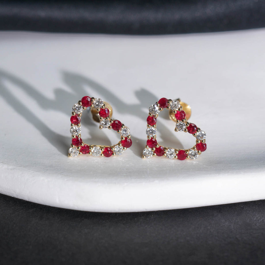 Mozambique Natural Pigeon Blood Ruby Stone Heart Earrings 0.68ct, Diamond 0.54ct 18K Gold