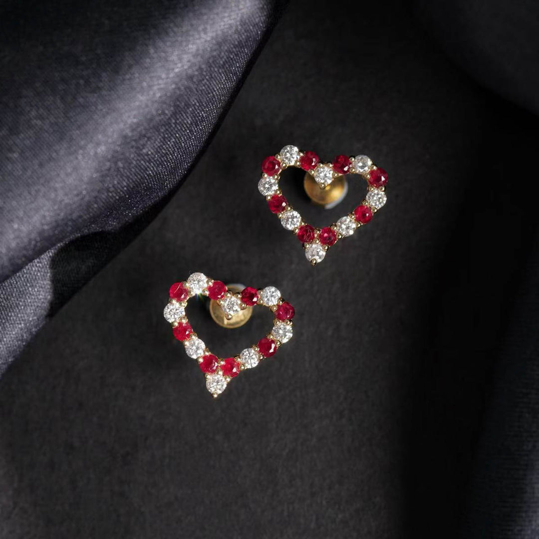 Mozambique Natural Pigeon Blood Ruby Stone Heart Earrings 0.68ct, Diamond 0.54ct 18K Gold