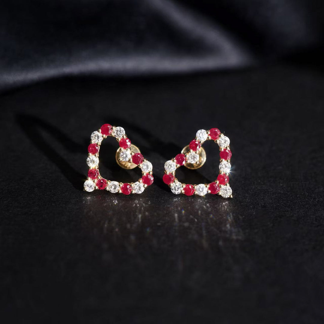 Mozambique Natural Pigeon Blood Ruby Stone Heart Earrings 0.68ct, Diamond 0.54ct 18K Gold