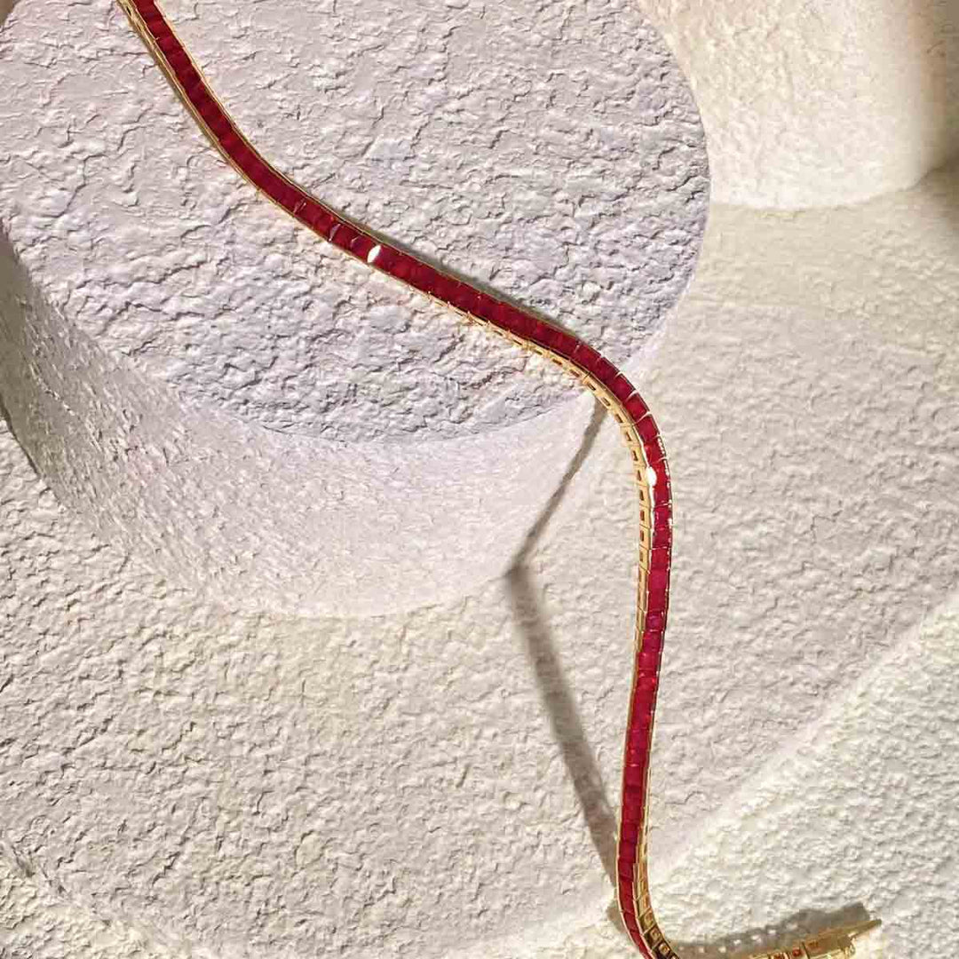 Natural Mozambique Pigeon Blood Ruby Princess Cut Bracelet D5.23ct, 18K Gold