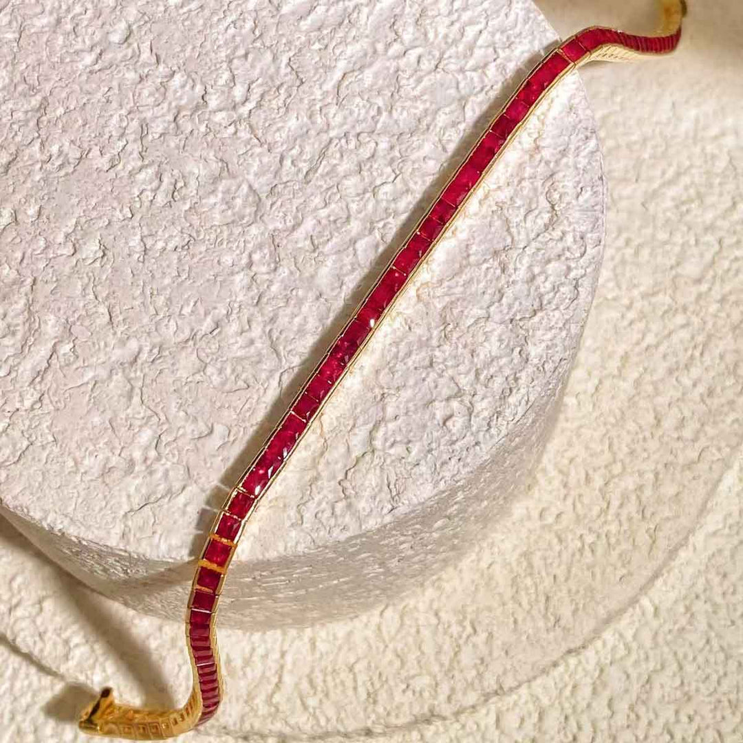 Natural Mozambique Pigeon Blood Ruby Princess Cut Bracelet D5.23ct, 18K Gold
