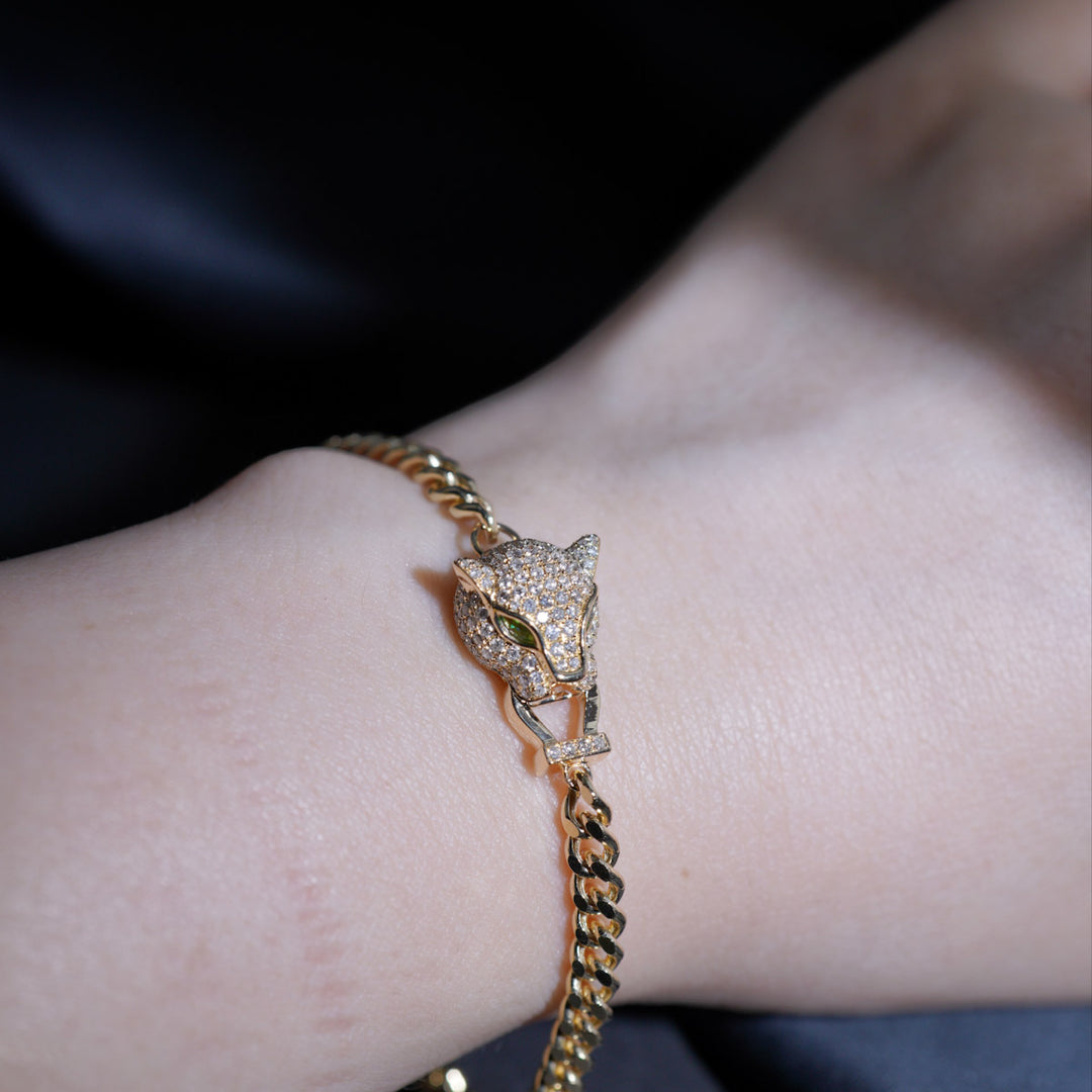 Natural White Diamond Panther Bracelet 0.76ct,Tsavorite 0.10ct 18K Gold
