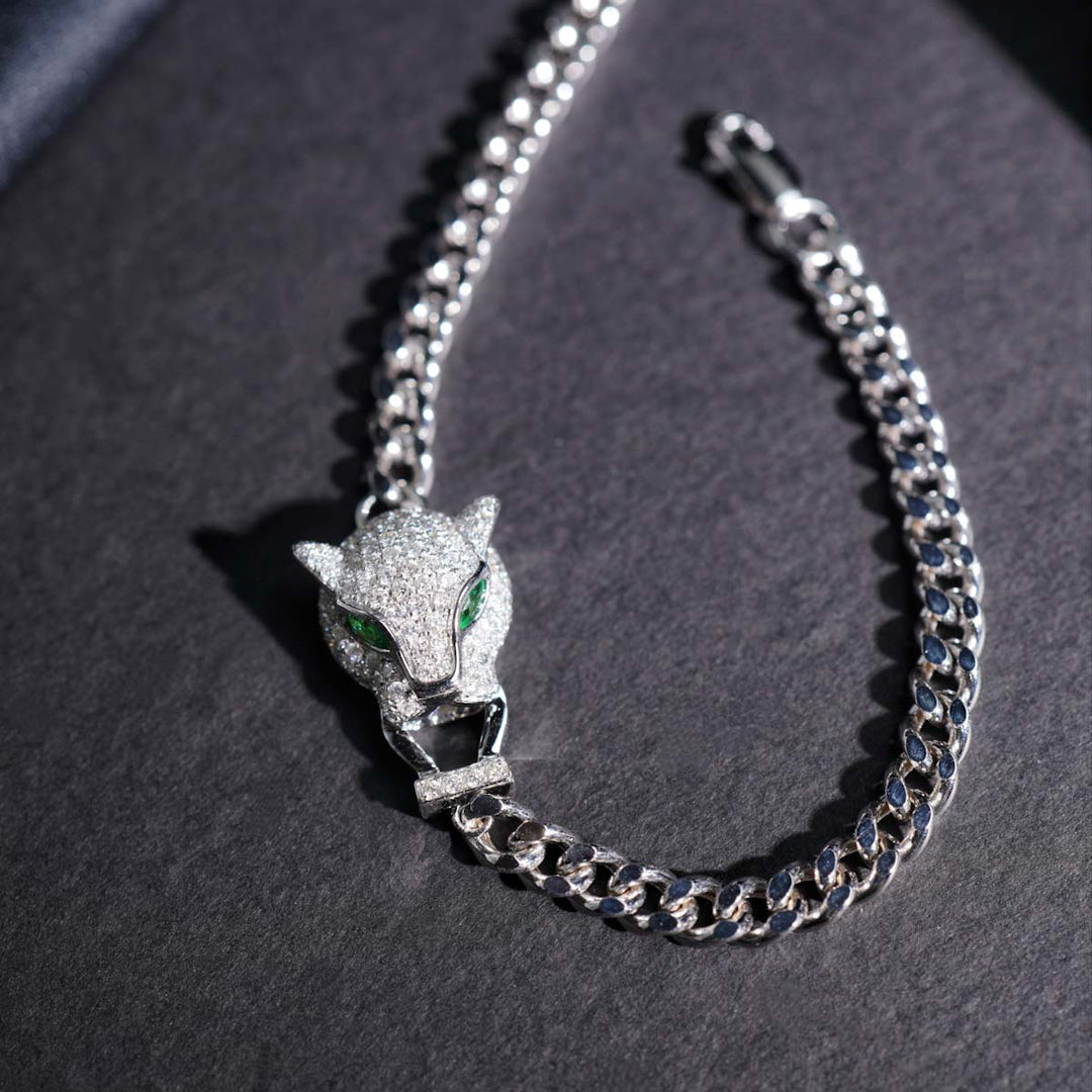 Natural White Diamond Panther Bracelet 0.76ct,Tsavorite 0.10ct 18K Gold